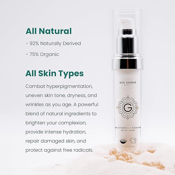 Gin Amber Beauty - Vitamin C (10%) + Squalane Repair Cream - Face Moisturizer - Facial Cream- Dark Spot Corrector - Primer - (30ml - 3-Packs)