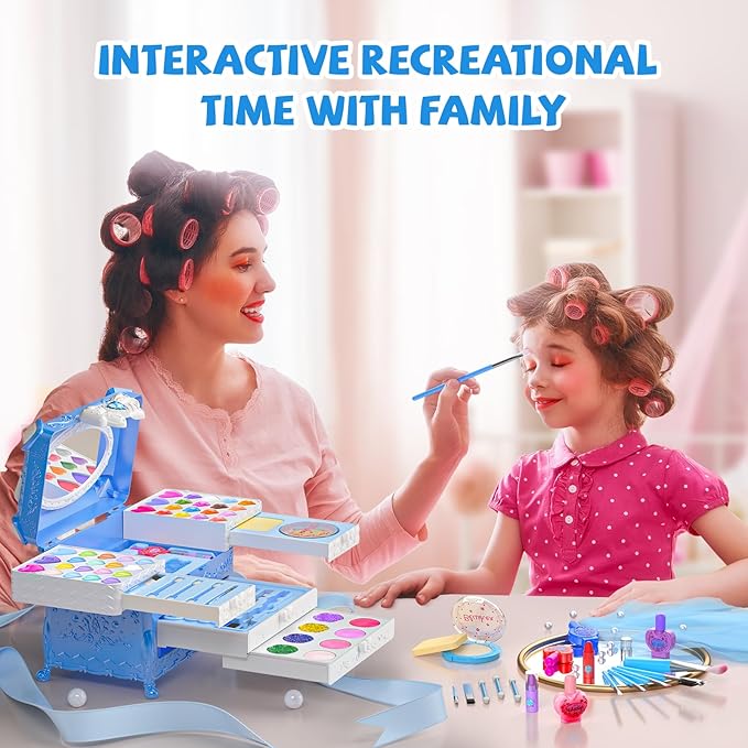 Kids Makeup Sets for Girls, 66pcs Real Cosmetic for Kids Toys with Mirror, Princess Washable Girls Makeup Kit, Non-Toxic & Safe Brithday Gifts for 3 4 5 6 7 8 10 - 12 Years Old（Blue）