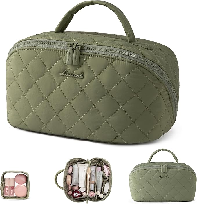 LOVEVOOK Travel Makeup Bag for Women, 2Pcs Set Puffer Waterproof Cosmetic Organizer, Large Capacity Pouch Open Flat Toiletry Bag with Divider & Handle, Portable Gift for Her, Green