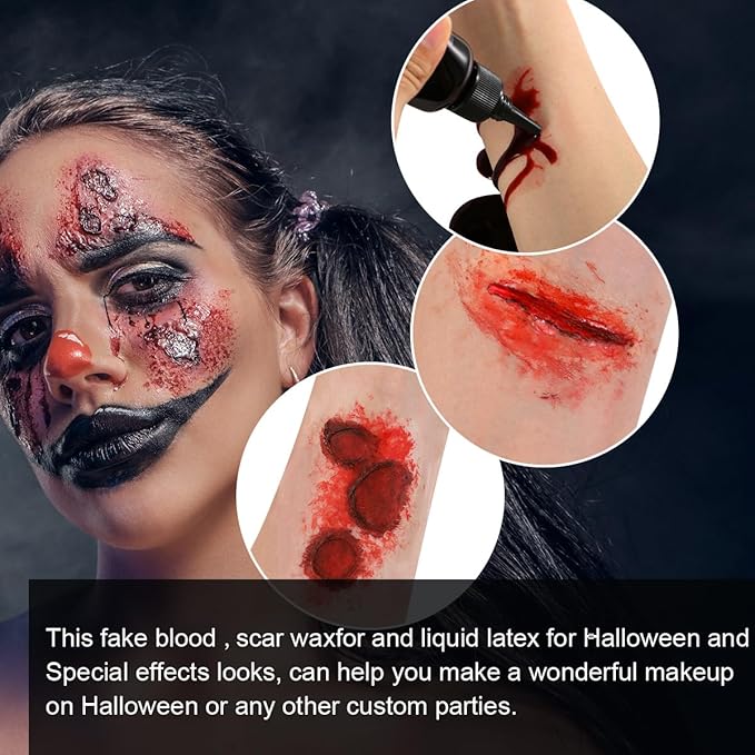 Bowitzki Halloween Makeup Set Special Effects Kit Cream Face Paint Water Based Liquid Latex Fake Blood Brush Sponges Body Painting SFX Zombie Vampire Monster Christmas Party (With Scar Wax)