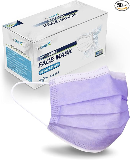 FriCARE Disposable Face Masks, 3-Ply ASTM Level 3 Medical Grade, FSA/HSA Eligible, Breathable & Comfortable for Allergy/Sun Protection, 50 Pack Purple