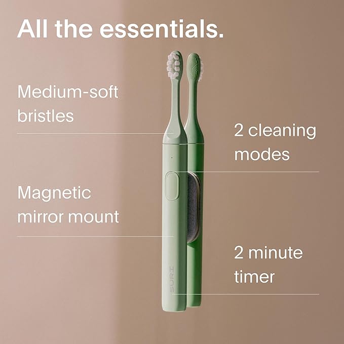 SURI 1.0 Sonic Electric Toothbrush | 1 Month+ Battery | Designed in California | Sustainable Electric Toothbrush for Adults | Travel Toothbrushes | Tooth Brush | Green