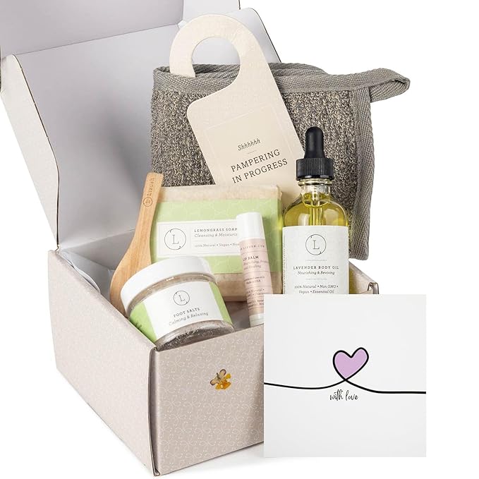 Lizush Lemongrass 6-Piece Spa Gift Set for Women - Relaxing Self-Care Basket, Luxury Handmade Body Care Items for Premium Relaxation - with Love - Handmade in The USA