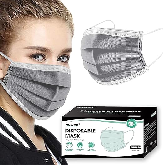 100PCS Grey 3 ply Disposable Face Masks,Protection Face Masks For Home,School,Office and Outdoors