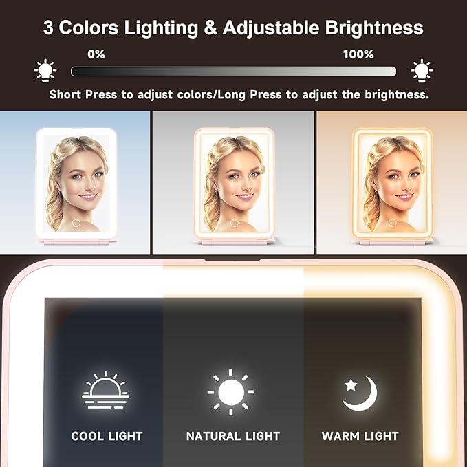 LED Foldable Travel Makeup Mirror - 5x6 inches3 Colors Light Modes USB Rechargeable Touch Screen, Portable Tabletop Cosmetic Mirror for Travel, Cosmetic, Office (Pink)