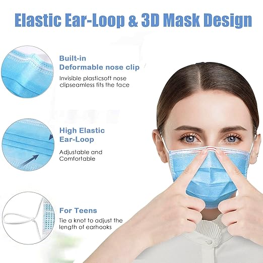 DC-BEAUTIFUL 100 Pcs Blue Disposable 3 Ply Earloop Face Masks,Fit for Adults