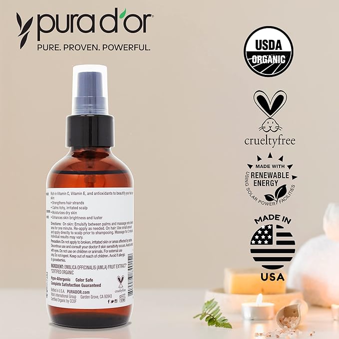 PURA D'OR 4 Oz ORGANIC Amla Oil, 100% Pure USDA Certified Premium Grade, Cold Pressed, Unrefined, Extra Virgin, Hair Serum & Thickening Hair Product w/Pump for Women & Men
