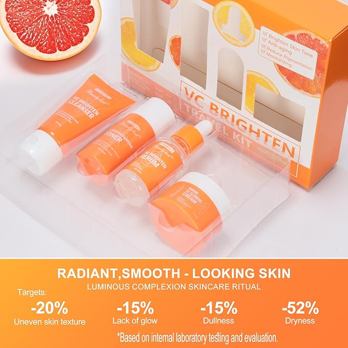 4 Pieces Vitamin C Facial Skin Care Set Gift Set Travel Size Kit,Skin Refreshing, Nourishing, Visibly Improve Tone, Enhance Radiance, Gift Set Travel Size Kit