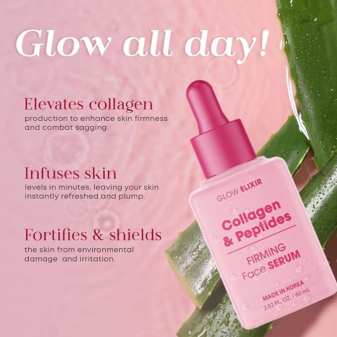 Glow Elixir Collagen & Peptides Face Serum - Dermatologist Tested, Anti-Aging, Korean Skin Care, Hydrates, Firms & Revitalizes Skin - 95% Natural, Vegan, Clean Beauty - 1.69 FL. Oz