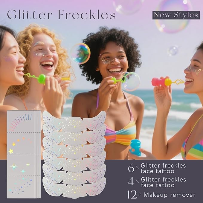 10pcs Holographic Chameleon Silver Glitter Freckles Face Tattoo Set, Color Shift Waterproof Sparkle Face Speckles Patches for Women, Cute Star Temporary Tattoo Fairy Makeup Rave Accessories