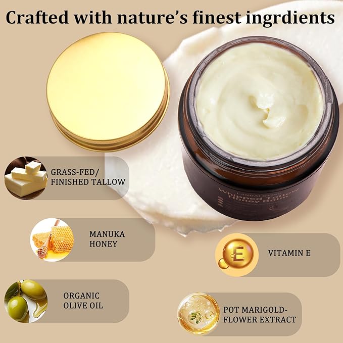 Organic Grass-Fed Beef Tallow Cream, Natural Beef Tallow for Face with Honey, Olive Oil - Fast-Absorbing Body & Face Moisturizer Cream, Smooth, Nourishing Skincare for Dry, Sensitive Skin