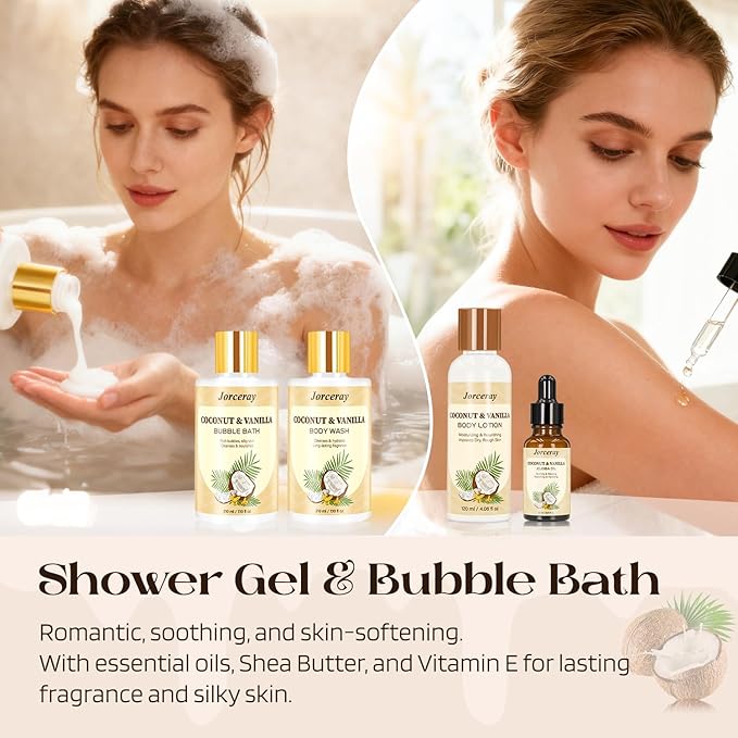 Bath and Body Gift Basket Set for Women - Coconut Vanilla Spa Gift Basket for Women 22pcs Luxury Bath Gift Set with Shower Gel Self Care Pampering Gifts for Mothers Day, Christmas, Birthday Gifts