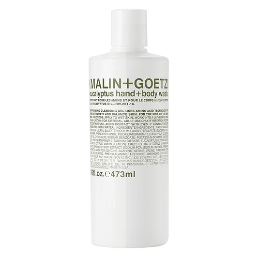 Malin + Goetz Eucalyptus Hand + Body Wash natural cleansing, purifying, hydrating hand & body wash. all skin types, dry, irritated, sensitive. No stripping/irritation. Cruelty-free & vegan 16 Fl oz