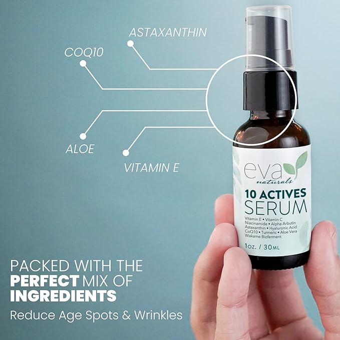 Eva Naturals 10 Actives Serum – Vitamin C, Niacinamide, Hyaluronic Acid, Turmeric, CoQ10 – Natural Anti Aging Face Serum for Dark Spots, Wrinkles, Acne, Skin Care & Facial Spot Remover