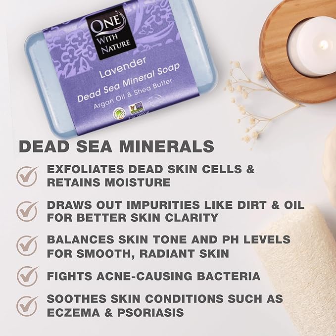 One With Nature Dead Sea Salt Lavender Soap 7oz 3-Pack – Soothing and Exfoliating Soap Bar with Dead Sea Minerals for Face & Body, for Men & Women
