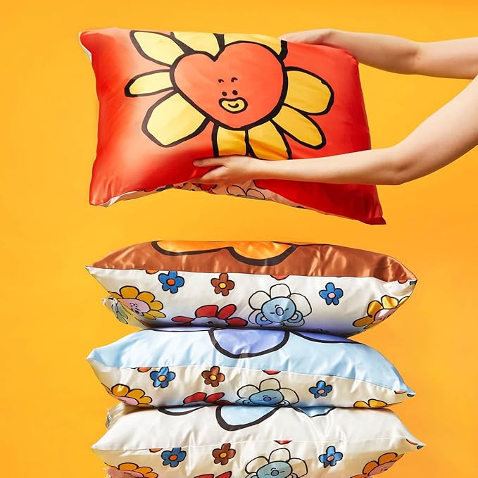 Kitsch x BT21 (Tata) Satin Pillowcase with Zipper for Hair & Skin - Softer Than Silk Pillow Cases, Smooth Cooling Pillow Cover, Wrinkle-Free, Machine Washable, Queen/Standard (19x26)