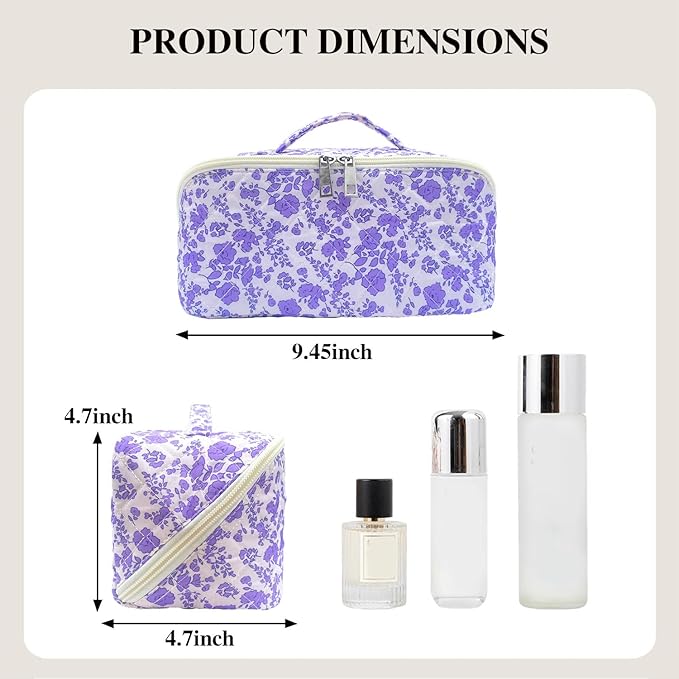 Purple Large Quilted Floral Makeup Bag Cute Coquette Aesthetic Cosmetic Bag Open Flat Travel Toiletry Make up Bag for Women