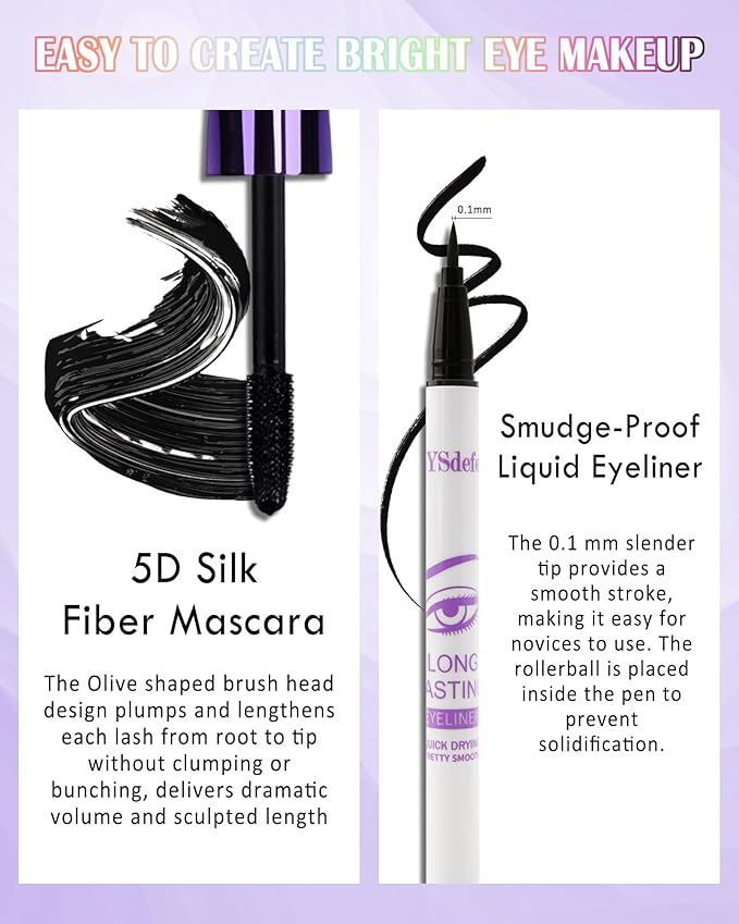 White Mascara Liquid Eyeliner Set,5D Waterproof Fiber Colored Mascara Volume and Length,Longlasting Smudgeproof Color Eye Liner Pen,Cosplay Party Stage Use,Halloween Makeup Gift Kit for Women Girl