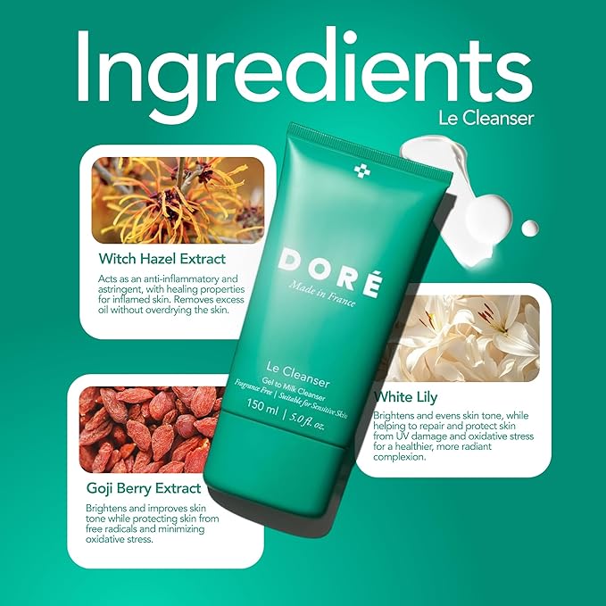 Doré - Le Cleanser Gel to Milk Daily Face Cleanser | Gentle Hydrating Cleaner for Dry & Sensitive Skin | Makeup Remover for Women & Men for Face (5 fl oz | 150 ml)