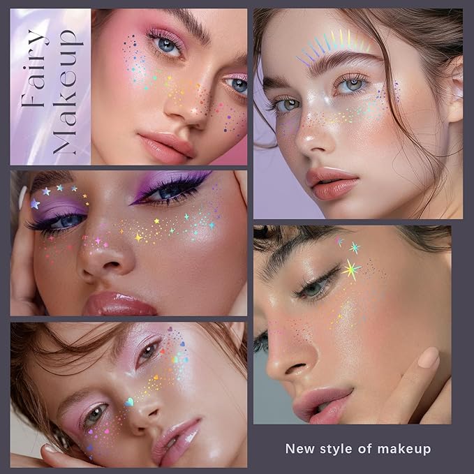 10pcs Holographic Multichrome Silver Glitter Freckles Face Tattoo Set, Color Shift Waterproof Sparkle Face Speckles Patches for Women, Cute Temporary Tattoo Rave Accessories for Fairy Makeup