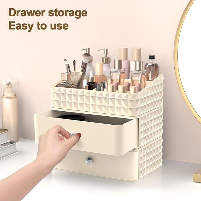 Makeup Organizer for Vanity, Stackable Cosmetics Organizer and Storage, Cosmetic Display Cases with 2 Drawers and 1 Tray for Makeup Brush, Hair Accessories, Lipstick and Jewelry, Beige