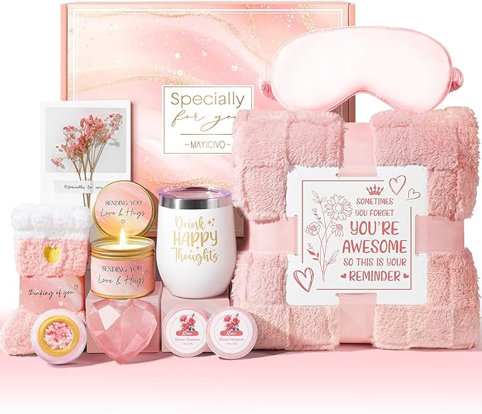 Birthday Gifts for Women, Self Care Gifts Get Well Soon Gifts Basket for Women, Rose Relaxing Spa Gifts Care Package w/ Luxury Blanket, Mothers Day Gifts for Mom Her Wife Girlfriend Friend Sister