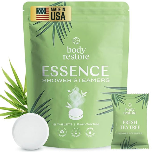 Body Restore Shower Steamers Aromatherapy 15 Pack - Birthday Gifts for Women, Men, Travel Essentials, Stress Relief, Relaxation, Self Care, Bath Bombs - Tea Tree