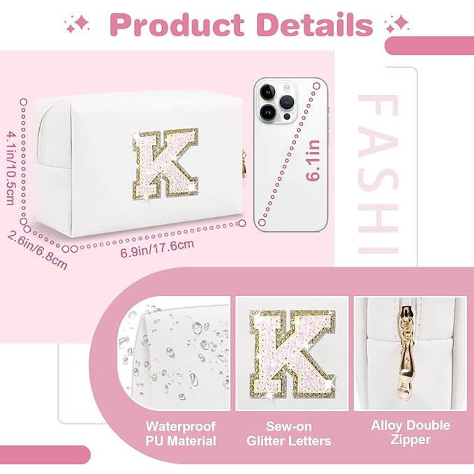 Small Initial Patch Makeup Bag Personalized Gifts Make Up Bag,White Cute PU Leather Glitter Letter Cosmetic Bag with Zipper,Trendy Portable Travel Toiletry Pouch,Preppy Stuff for Teen Girls Women K