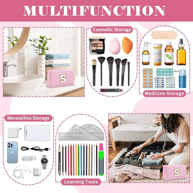 Personalized Initial A-Z Preppy Patch Makeup Bag,Small PU Chenille Letter Cosmetic Bag with Zipper for Teen Girls,Pink Cute Toiletry Organizer Bag,Monogram Makeup Case Gift for Women Girls,Letter S