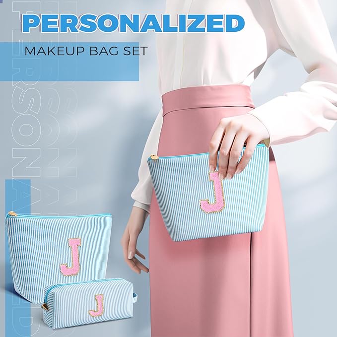 Monogrammed Gifts for Women - Cosmetic Bag for Teen,Initial Cute Makeup Bag Set for Women,Trendy Pouch for Niece Sister Friend Female Her,Birthday Gifts for Daughter - Blue,J