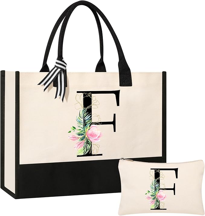 AYGE Personalized Initial Canvas Beach Tote, Monogrammed Gifts for Women, Makeup Bag, Birthday Gifts for Sister, Mom, Teacher, Bridesmaid (F)