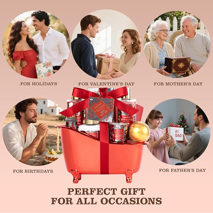 Christmas Spa Gift Set For Women, Birthday Gifts for Her, Spa Gift Basket for Women, Red Rose Bath and Body in Floral Scents Bath Kits, Home Spa Gift Basket, Bath Spa Kit for Mothers day Bath Lotion