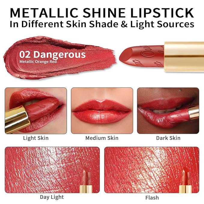 Oulac Orange Red Lipstick for Women with Metallic 3D Shine Lightweight Hydrating Formula, High Impact Lip Color, Vegan Beauty, Full Coverage Lip Makeup, Christmas Gifts for Women, Dangerous(02)