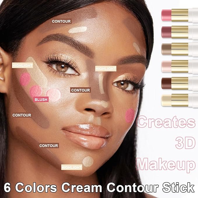 6 Colors Cream Contour Stick Makeup Contour Kit, Double-ended Cream Bronzer for Sculpt, Highlighter and Blush Stick Makeup Kit, Matte & Dewy Finish (SET A)