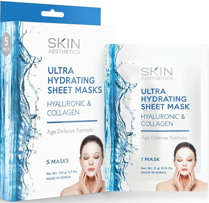 Hyaluronic & Collagen Sheet Face Mask - Skin Firming, Anti-Aging, Moisturizing & Plumping - Dermatologist Tested Korean Skincare - Clean Beauty, Cruelty-Free - 5 Masks