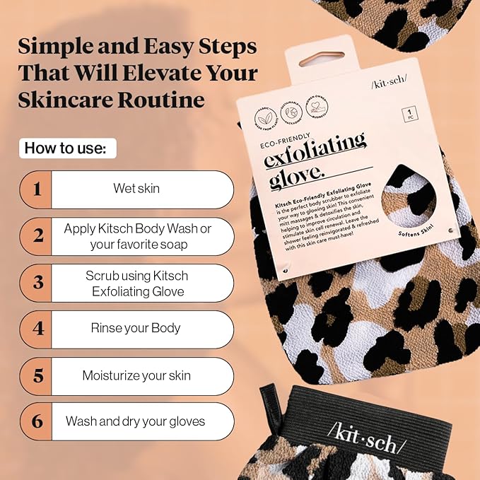 Kitsch Exfoliating Glove – Korean Exfoliating Mitt & Deep Exfoliating Body Scrubber for Shower, Bath | Body Exfoliator, Dead Skin Remover | Skin Care for Smooth, Renewed Skin - 1pc, Leopard