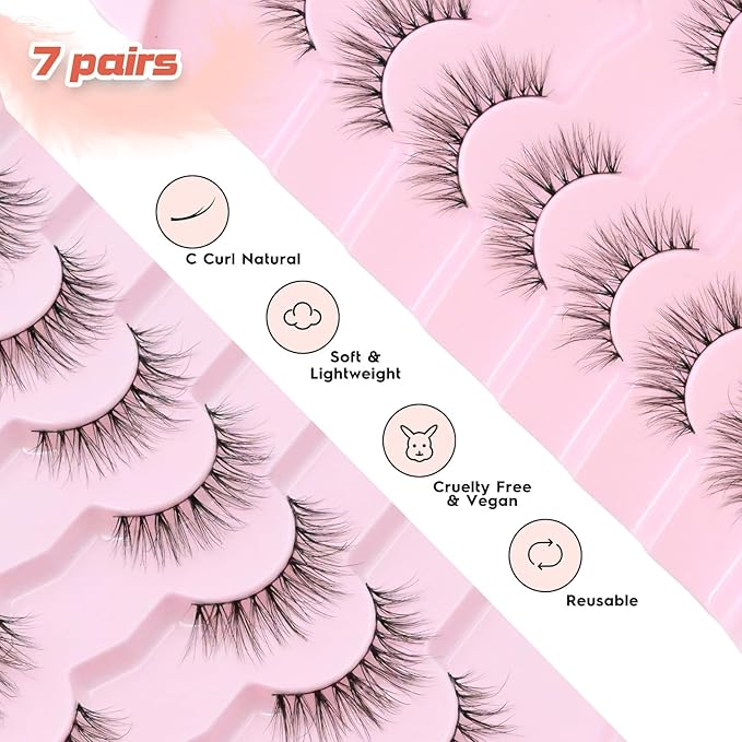 Natural Lashes False Eyelashes 10MM Short Lashes for Small Eyes C Curl Fake Eyelashes Thin Cotton Band 3D Volume Strip Lash Pack Soft Eyelashes 7 Pairs Siligli