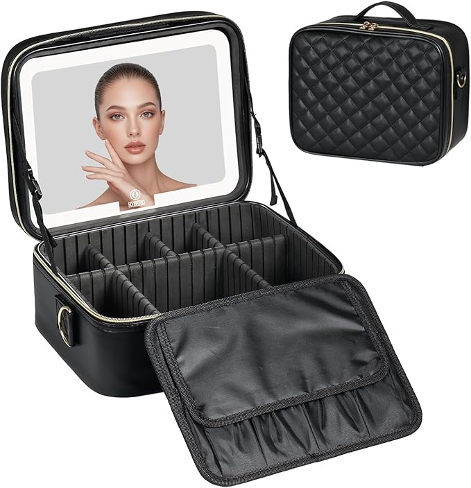 Makeup Case with LED Light Mirror, Professional Portable Travel Cosmetic Organizer Bah with Adjustable Dividers, USB Charging, Large Capacity, Ideal for Travel, Gift for Women Girls, Black