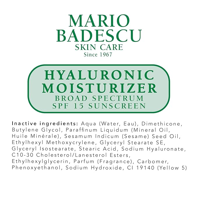 Mario Badescu Hyaluronic Face Moisturizer for Women and Men with SPF 15, Ideal Facial Moisturizer for Combination, Dry or Sensitive Skin, Sesame Seed Oil-Infused Moisturizer Face Cream, 2 Fl Oz