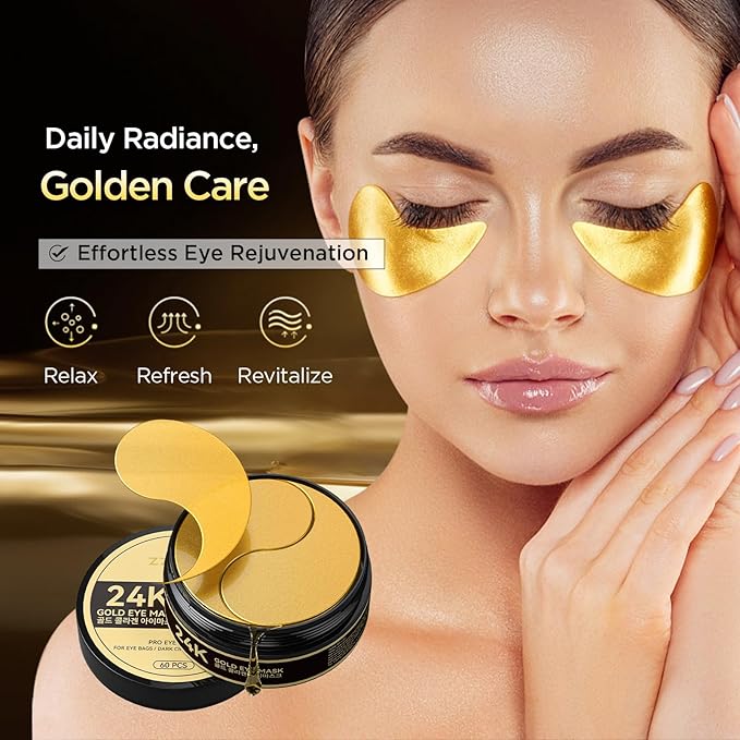 24k Gold Under Eye Patches - Firming, Glowing & Hydrating Hydrogel Mask for Puffy Eyes, Dark Circles, Wrinkles, Eye Bags Treatment, Gifts for Women and Men, 60Pcs Black