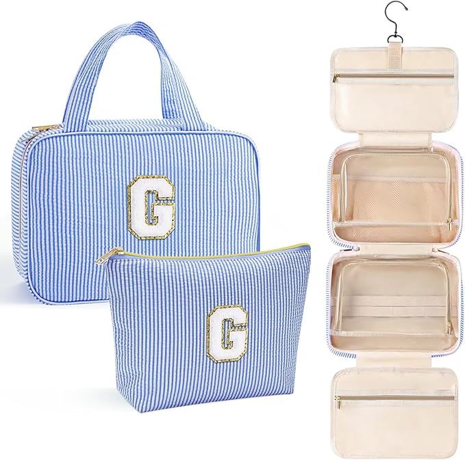 YOOLIFE Graduation Gifts for Her - Hanging Toiletry Bag for Women, Travel Toiletry Bag Makeup Bag, Personalized Travel Essentials for Women - Letter G, Blue