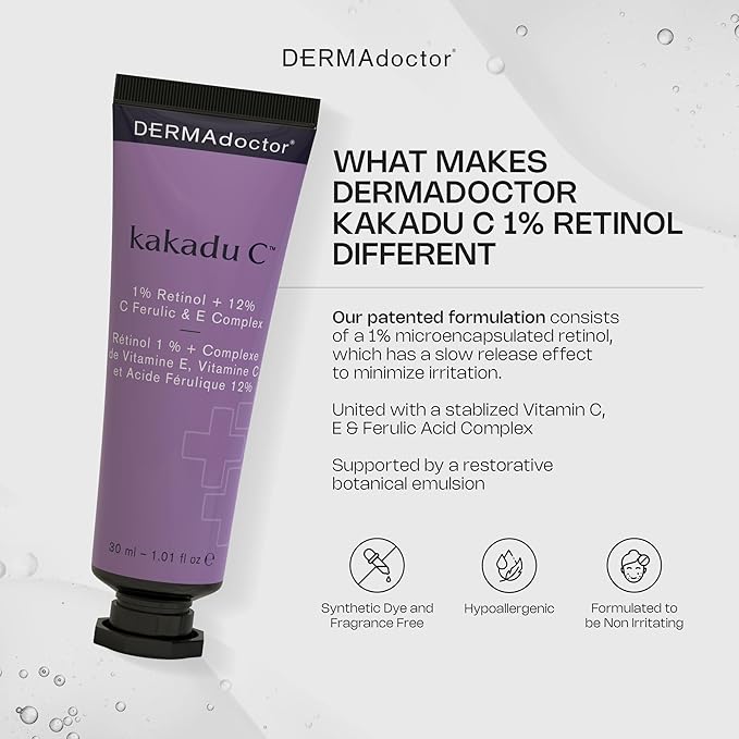 DERMAdoctor Retinol Cream for Face - Stabilized Vitamin C, Vitamin E, Ferulic Acid Anti Aging Face Cream 1% Retinol Facial Moisturizer Night-Cream for Dullness, Discoloration, Fine Lines, & Wrinkles