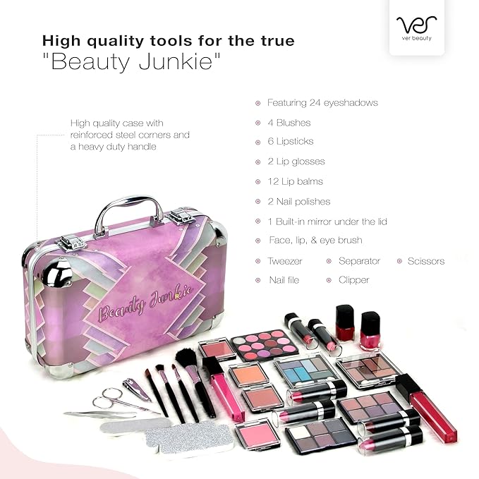 VER Beauty 61 pcs All-In-One Makeup Kit For Woman, Girls & Teens, Full Kit, Makeup Gift Set Eyeshadow Lipstick Lip Gloss Multi-Color Lip Balm Rouge Nail Enamel Mascara Tweezer Scissor Filer (Pink)