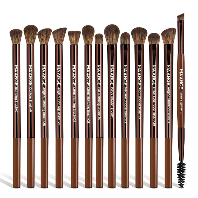 MAANGE 13 Pcs Makeup Brushes with Bag, Multi-functional Eye Makeup Brush Set Professional Blending Eyeshadow Concealer Eyebrows Eyeliner (Brown)