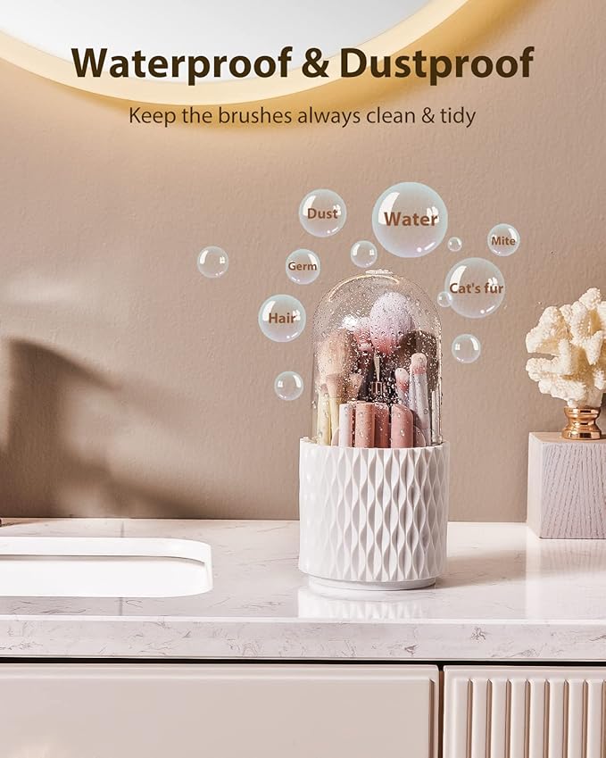 [Upgrade] Rotating Makeup Brush Holder, [Dustproof & Waterproof] 360 Rotating Cosmetics Make up Brush Organizer Storage with Lid for Vanity