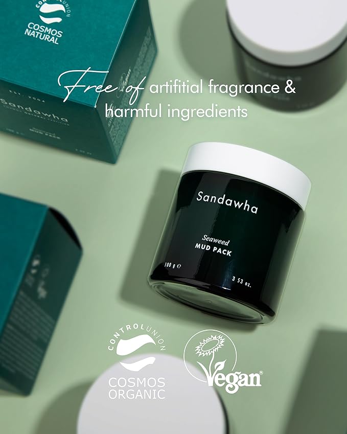 SanDaWha SKINCURE Vegan Seaweed Mud Mask, Korean skincare Blackhead Remover Clay Mask for Pore Cleansing with Kaolin & Bentonite, Oil Control & Gentle Exfoliation, 3.5oz