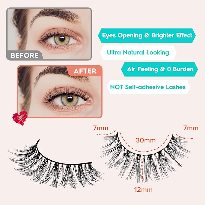 Eyelashes Wispy Natural Lashes 12mm Short Strip Lashes Thinner Band 3D Volume Fake Eyelashes Siligli Eyelashes C Curl False Lashes Pack 7 Pair