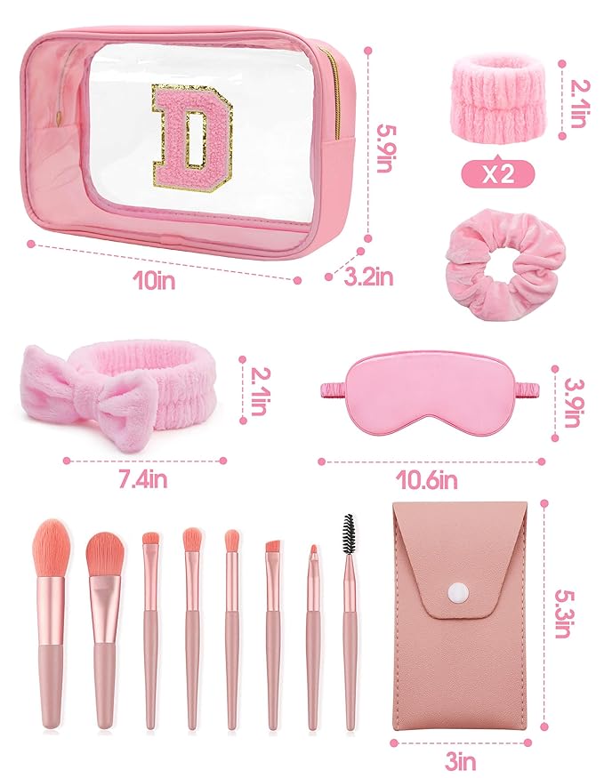 Gift Sets for Women, Initial Makeup Bag with Makeup Brush Set Bachelorette Party Favors, Pink Spa Kit with Skincare Headbands Wrist Bands Sleepover Party Supplies Gifts for Teen Girls Bridesmaid D