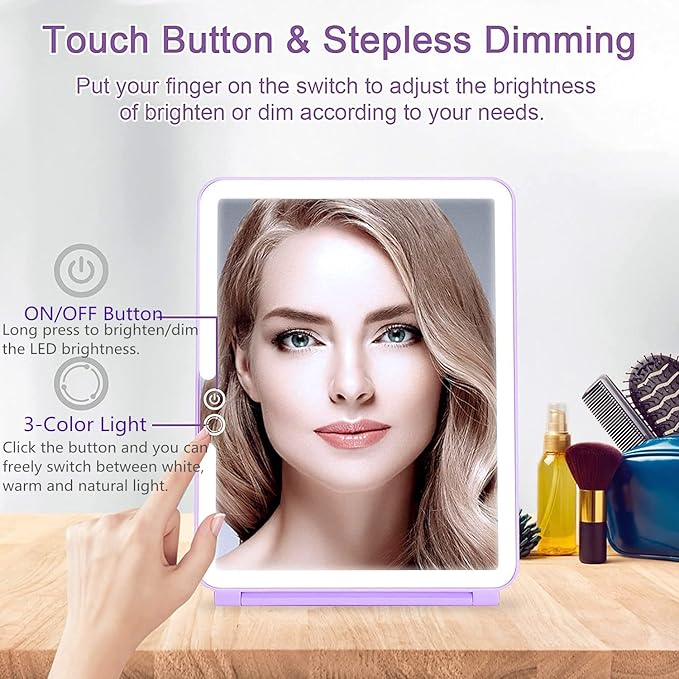 deweisn Folding Lighted Makeup Mirror with 72 LEDs 3 Colors Light Modes USB Rechargable 1800mA Batteries Portable Ultra Thin Compact Vanity Mirror Dimmable Travel Mirror