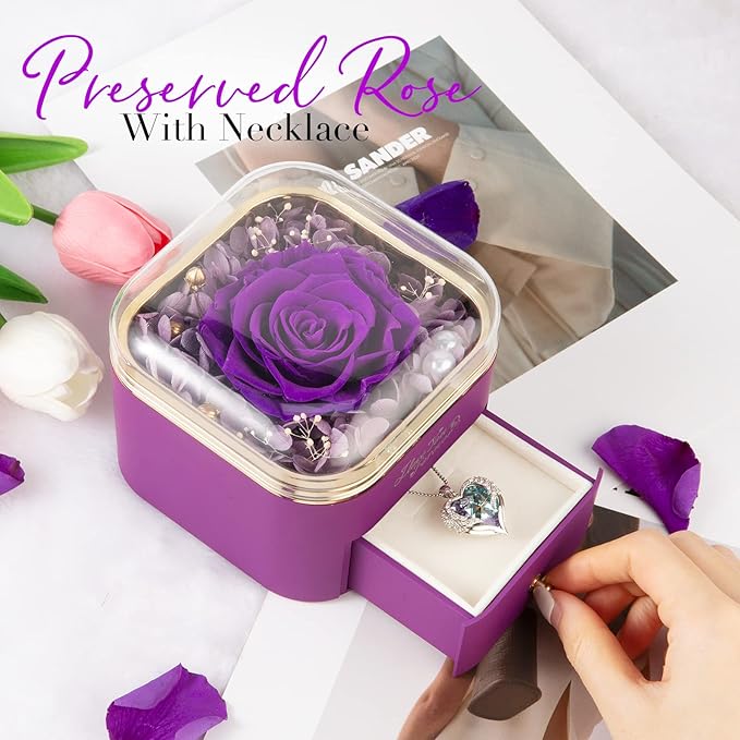 Preserved Real Purple Rose with Angle Wings Necklace, Forever Flowers Gifts for Mom Grandma Wife Girlfriend at Christmas Valentines, Anniversary Birthday Gifts for Women, I Love You Gifts for Her